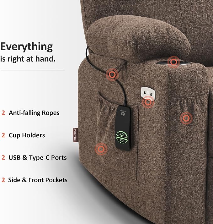 MCombo Power Lift Recliner Chair for Elderly, Lift Chair with Heat and Massage for Tall People, USB&Type C Ports, Extended Footrest, Cup Holders, Fabric 7516 (Large, Brown)
