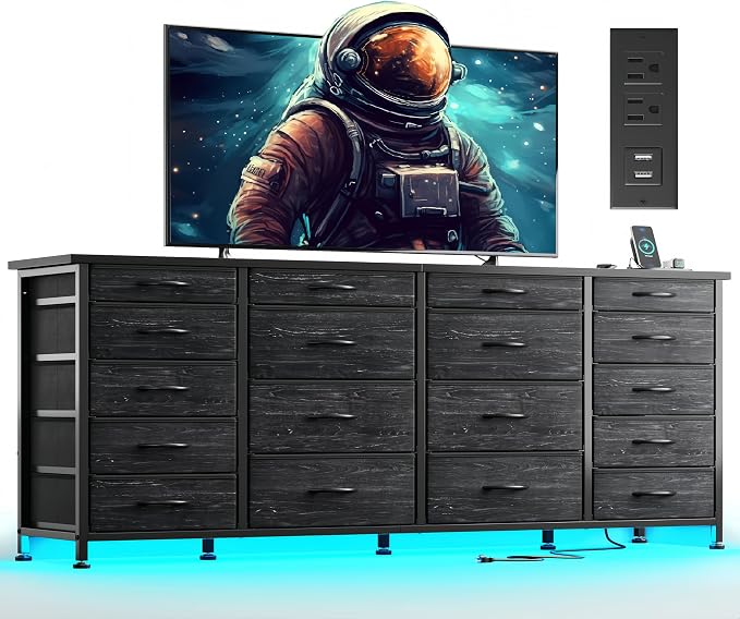 EnHomee 63" W Black TV Stand for Living Room, 18 Drawers, LED & Charging | Long Dresser for 65"-75" TV, Deep Drawer, Spacious Storage, Drawers Glide, No Wobbling, Anti-tip, Easy Assembly, Wipes Clean