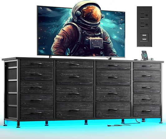 EnHomee 63" W Black TV Stand for Living Room, 18 Drawers, LED & Charging | Long Dresser for 65"-75" TV, Deep Drawer, Spacious Storage, Drawers Glide, No Wobbling, Anti-tip, Easy Assembly, Wipes Clean