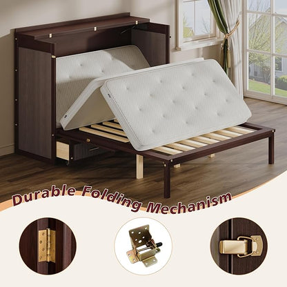 Bellemave Queen Murphy Bed with Charging Station and Storage, Farmhouse Murphy bedframe with Foldable Panel, Noisy Free, for Guest Bedroom, Living Room, Coffee