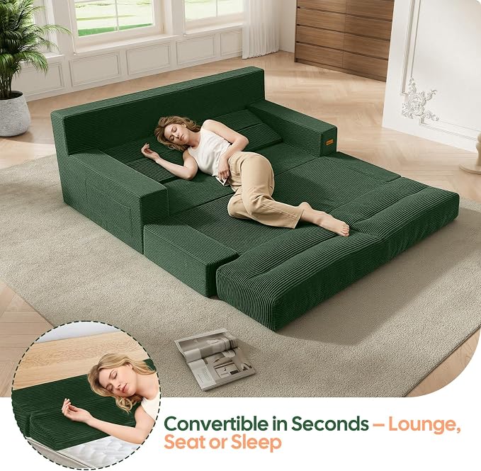 MeMoreCool Queen Sofa Bed, 4-in-1 Pull Out Couch Bed with Wedge Pillow, Boneless Futon Sleeper Loveseat, No Assembly Folding Sofa for Living Room Guest Room, Green Corduroy