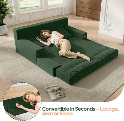 MeMoreCool Queen Sofa Bed, 4-in-1 Pull Out Couch Bed with Wedge Pillow, Boneless Futon Sleeper Loveseat, No Assembly Folding Sofa for Living Room Guest Room, Green Corduroy