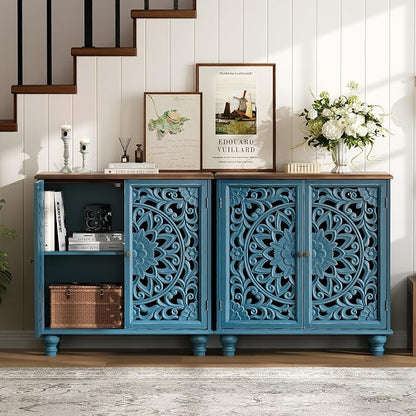 JOINICE 31" Accent Storage Cabinet with Mandala Carved Doors,Blue & Walnut | Carved Floral Design, Solid Wood Legs, Farmhouse Style, Versatile Storage for Living Room/Bedroom/Hallway, Adjustable Shelf