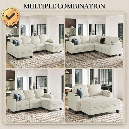 Belffin 52.8" Deep Storage Chaise Lounge with Cup Holder for Apartment Couch Beige