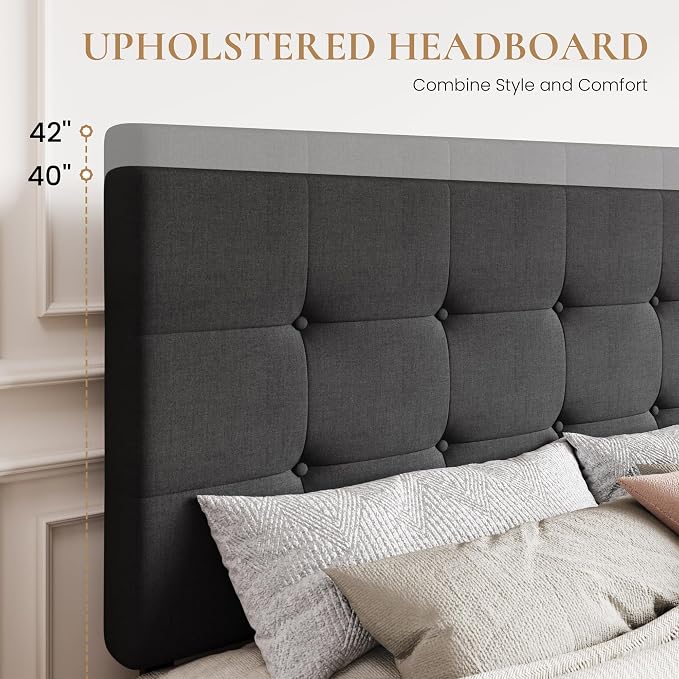 SHA CERLIN Upholstered Queen Size Platform Bed Frame with 4 Storage Drawers, Adjustable Headboard with Square Stitched Button Tufted Design, Wooden Slat Support, No Box Spring Needed, Dark Grey