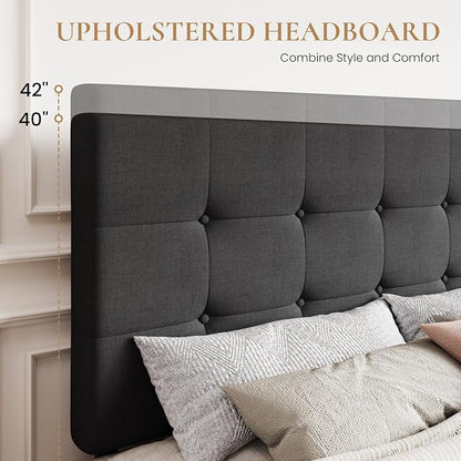 SHA CERLIN Upholstered Queen Size Platform Bed Frame with 4 Storage Drawers, Adjustable Headboard with Square Stitched Button Tufted Design, Wooden Slat Support, No Box Spring Needed, Dark Grey