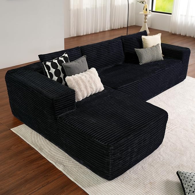 ovios 104" Cloud Boneless Couch with L-Shape Chaise,Modern Sectional Modular Sofa with Deep Seat, Upholstered Couches for Living Room Bedroom,No Assembly Required, Black (Plush Corduroy Fabric)