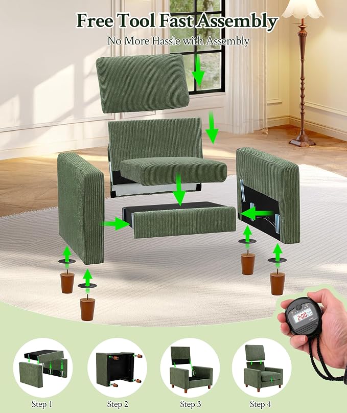 Welzona 35.3" Couches for Living Room, Comfy Green Couch Single with 22.5" Deeper Seat, Accent Chair Tool-Free Setup, Reading Chair 440lbs Support, Corduroy Couch for Bedroom, Apartment, Office