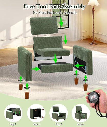 Welzona 35.3" Couches for Living Room, Comfy Green Couch Single with 22.5" Deeper Seat, Accent Chair Tool-Free Setup, Reading Chair 440lbs Support, Corduroy Couch for Bedroom, Apartment, Office