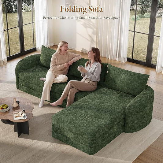 Vesgantti 110.2" Boneless Sectional Couch with Curved Armrest, 6 in 1 Convertible Folding Sleeper Sofa Bed, Chenille Modular Sofa for Living Room, No Assembly Required, Green, Right Facing Chaise