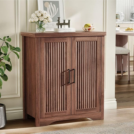 Memobarco Fluted Buffet Cabinet with Storage Accent Sideboard,Modern Credenza with 2 Doors & Adjustable Shelves,Wood Coffee Bar Table Console for Dining Room Kitchen Living Room Entryway, Walnut