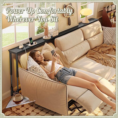 Huuger 94.5 Inch Sofa Table with Power Outlets, 23.9’’-34.4’’ Height Adjustable Range, Behind Couch Table with USB-C Ports, Sofa Tables Narrow Long, Skinny Console Table, Small Spaces, Black
