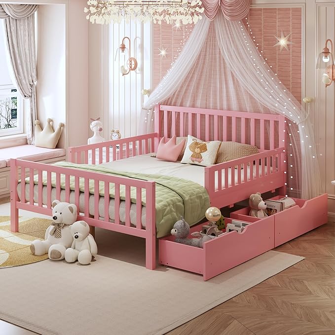 Bellemave Girls Full Bed Frame with Fences and 2 Drawers, Kids Full Platform Bed with Guardrails on Both Sides, Pink