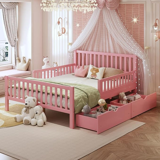 Bellemave Girls Full Bed Frame with Fences and 2 Drawers, Kids Full Platform Bed with Guardrails on Both Sides, Pink