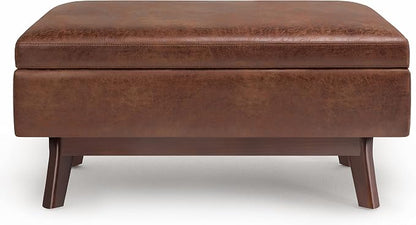 SIMPLIHOME Owen Small Rectangular Storage Ottoman - 36 inch Wide Upholstered Vegan Leather Lift-Top Ottoman in Distressed Saddle Brown, Mid-Century Modern Ottoman for Living Room with Tufted Detail