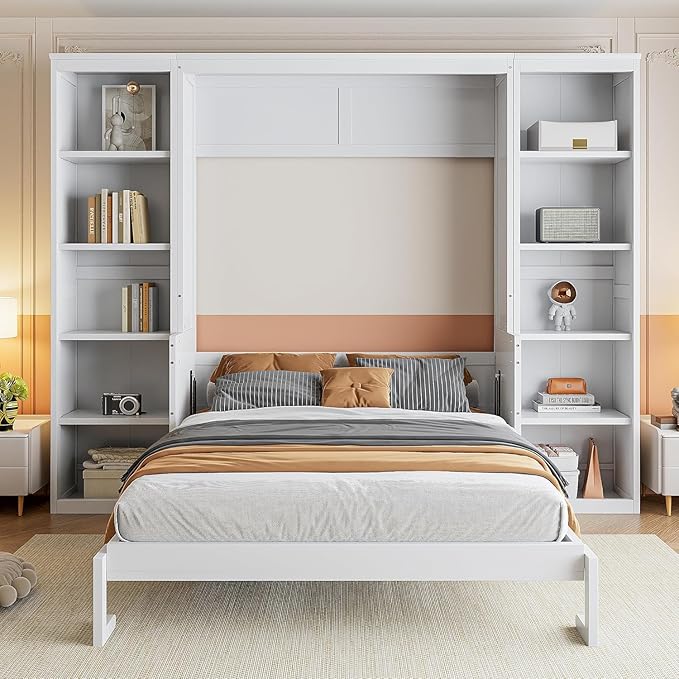MERITLINE Full Murphy Bed with Desk and Storage Shelves, Wood Murphy Wall Bed Cabinet with with Storage Cabinet Vertical Units