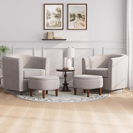 Swivel Accent Chair with Storage Ottoman Set of 2, Small Modern Velvet Barrel Chair, Upholstered Armchair with Footrest for Living Room/Reading/Bedroom, 24.8'' D x 25.38'' W x 25.6'' H, White