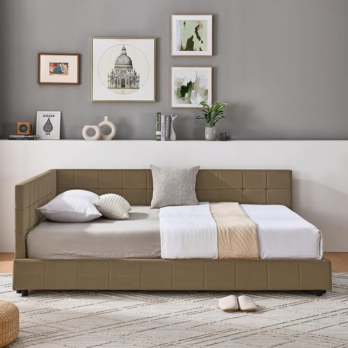KEIKI Full Size L Shape Corner Bed Frames with Backrest and Armrests, Velvet Upholstered Sofa Daybed for Small Room, Living Room, Bedroom, Guest Room, Kids' Room