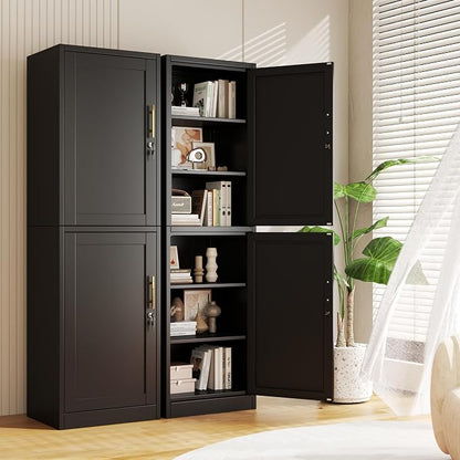 Tall Metal Narrow Bathroom Storage Locker Cabinet 67" H, Tall Black Pantry Cabinets with 4 Adjustable Shelves and 2 Lockable Doors for Kitchen, Home Office, Living Room, Dining Room