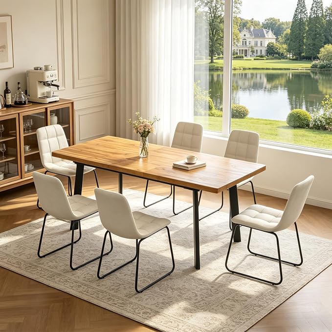 Extendable Dining Table Set for 6 to 8 People, 63" to 78.7" Modern Kitchen Table Set with 6 Chairs, MDF Dining Room Table and Chairs with Removable Extension Leaf (Walnut Table+U-Shaped White Chairs)