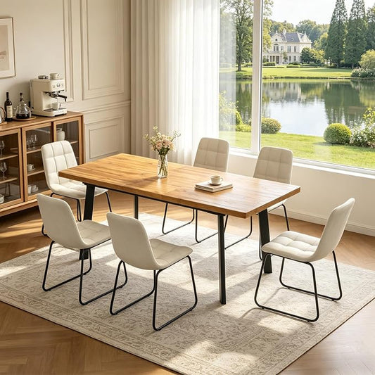 Extendable Dining Table Set for 6 to 8 People, 63" to 78.7" Modern Kitchen Table Set with 6 Chairs, MDF Dining Room Table and Chairs with Removable Extension Leaf (Walnut Table+U-Shaped White Chairs)