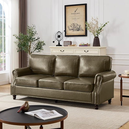 Kingfun Mid-Century Modern Couch, Faux Leather Sofa, 3 Seater Couch for Living Room with Rolled arms & Nailhead Trim, Olive Green