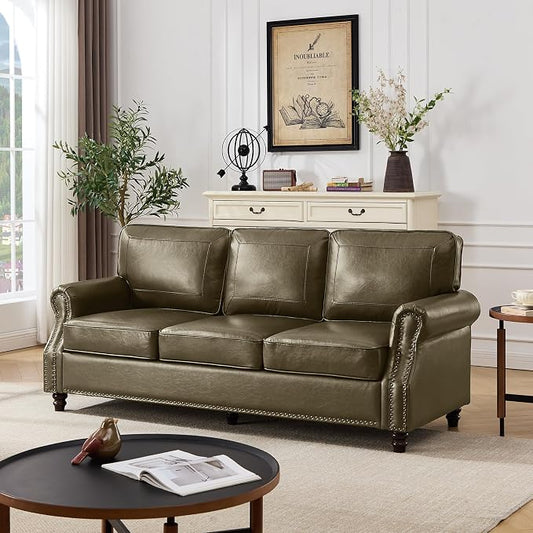 Kingfun Mid-Century Modern Couch, Faux Leather Sofa, 3 Seater Couch for Living Room with Rolled arms & Nailhead Trim, Olive Green