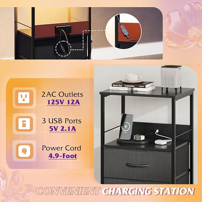 WLIVE LED Night Stand with Charging Station, Black Nightstand with 2 Fabric Drawers and Storage Shelf, Dorm Bedside Table End Table with 2 USB Ports and Outlets, Small Dresser for Bedroom