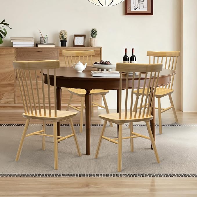 AreShark Windsor Dining Chairs, Farmhouse Wooden Dining Room Chairs, Solid Wood Kitchen Chairs with Spindle Back Set of 6, Natural Wood