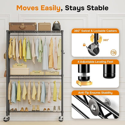Simple Deluxe Rolling Clothes Rack, Heavy Duty Clothing Rack, 3-Shelf Portable Adjustable Wardrobe Closet with Wheels, Hanging Rods & Side Hooks, 43.3" W x 17.7" D x 80.3" H, Black