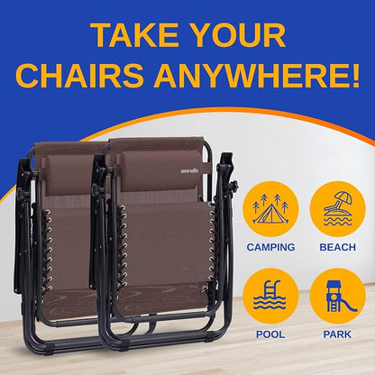 SereneLife 2 Pack Zero Gravity Recliner Chairs with Table, Brown | Lockable recline, padded headrests and cup holder table provide comfortable outdoor seating for patios and camping