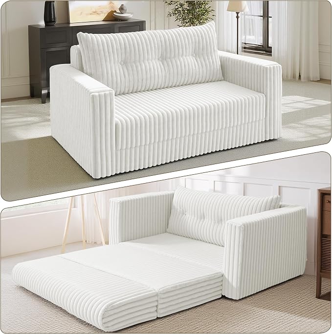 HABUTWAY 41.3" Loveseat Boneless Couch, 4-in-1 Convertible Sofa Bed, Plush Fur Folding Futon Sofa Bed Couches with a Pillow for Living Room, High-Density Foam Support, No Assembly Required, Beige