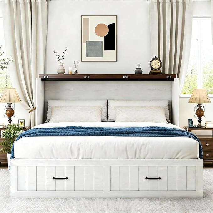 Full Murphy Bed with Charging Station, Farmhouse Noisy-Free Foldable Cabinet Bed Frame with Storage Drawer, Space Saving Hideaway Wall Bed for Guest Bedroom, Living Room, Office, White