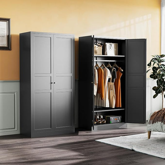 Metal Wardrobe Cabinet,Armoire Wardrobe Closet with doors,Black Metal Clothing Storage Cabinet with Adjustable Shelves and Hanging Rod,72" Cloth Storage Cabinets for Home,Bedroom Armoires,Laundry