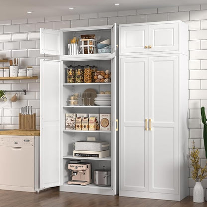 Polup Kitchen Pantry Cabinet, 86 Inch Tall Metal Storage Cabinet, Food Pantry cabinets with Doors and Shelves, White Storage Cabinets for Living Room, Dining, Office, Bathroom, Assembly Required