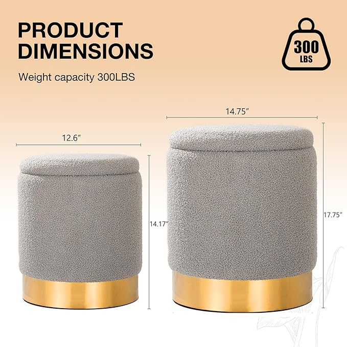 Round Ottoman with Storage Set of 2 Vanity Stool, Footstool with Removable Lid Small Ottoman Stool Small for Living Room, Bedroom, Hallway, Dorm, Assembly Free Teddy Fleece (Sherpa Gray)