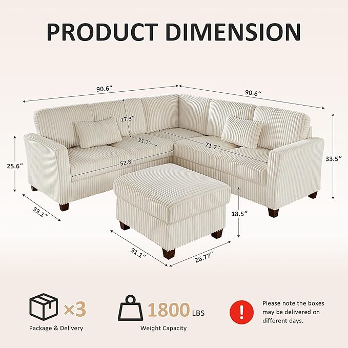 VANOMi Sectional Corner Couch, Corduroy L Shaped Sofa, 6-Seat Couch,Beige