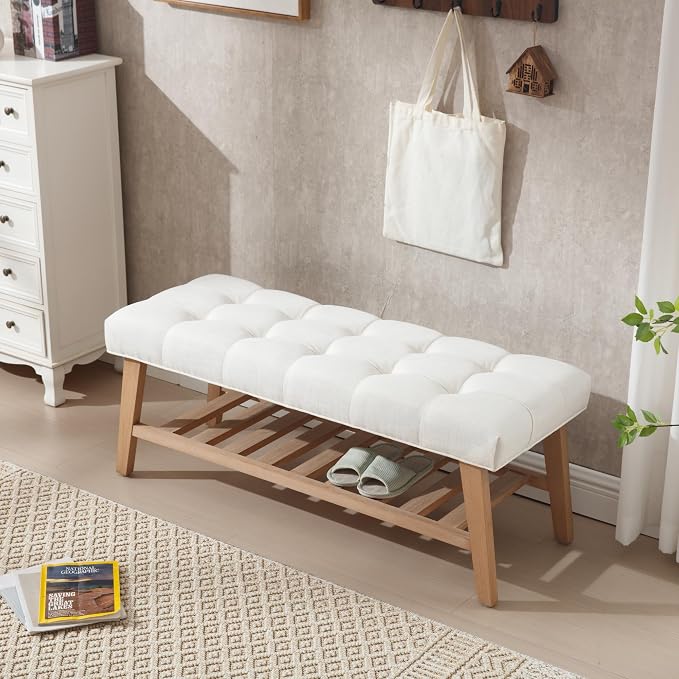 Kmax Entryway Bench with Shoe Storage, Upholstered Wood Storage Bench for Living Room Window Bench for Bedroom End of Bed - Linen, Beige