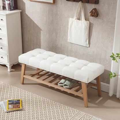 Kmax Entryway Bench with Shoe Storage, Upholstered Wood Storage Bench for Living Room Window Bench for Bedroom End of Bed - Linen, Beige