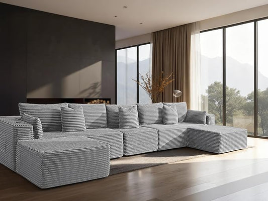 168" Cloud Sectional Couch, Comfort U Shaped Sofa for Living Room, Extra Deep Seats No Assembly, Minimalist Modular Couch, Corduroy (Light Grey, 7 Seats,U-Shape A)