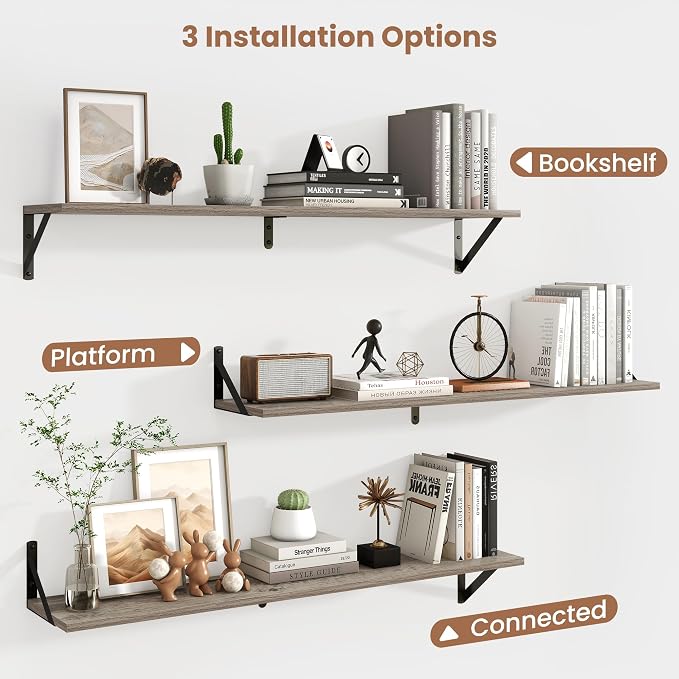 Axeman 40 Inch Grey Wood Floating Shelves for Wall Set of 2 | 8 Inch Deep Wall Shelves, Rustic Wood Bookshelf, Grey Shelves for Living Room Bathroom Bedroom Kitchen Home Office