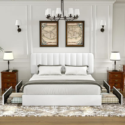 VECELO King Size Upholstered Bed Frame with 4 Drawers and Headboard, Velvet Platform Storage Bedframe, Wooden Slats Support, No Box Spring Needed,Snow-White