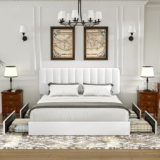 VECELO King Size Upholstered Bed Frame with 4 Drawers and Headboard, Velvet Platform Storage Bedframe, Wooden Slats Support, No Box Spring Needed,Snow-White