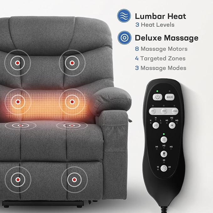Tami Tami Dual Motor Power Lift Chair Recliner for Elderly with Massage and Heat, Infinite Position Electric Lift Recliner with USB A&C, Cup Holders (T6012 - Linen Fabric, Gray, Oversized)