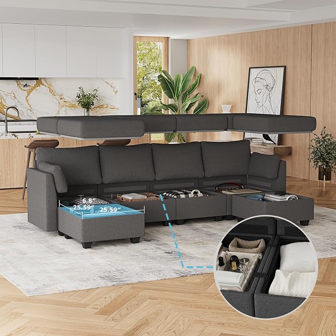 Huatean Home 114.17" Modular Sectional Sofa, 6 Seat Modular Couch with Storage, Memory Foam, Convertible Sectional Couches for Living Room, U Shaped Comfy Modular Sofa with Chaise, Dark Grey