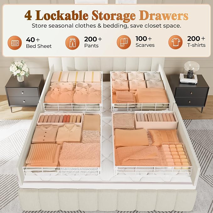 PRAISUN Bed Frame Queen Size with Upholstered Headboard & Charging Station, Queen Bed Frame with 4 Storage Drawers, 2-Tier Open Shelves, No Box Spring Needed, Slient Foam Strip, Easy Assembly, Beige