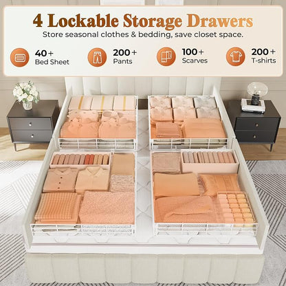 PRAISUN Bed Frame Queen Size with Upholstered Headboard & Charging Station, Queen Bed Frame with 4 Storage Drawers, 2-Tier Open Shelves, No Box Spring Needed, Slient Foam Strip, Easy Assembly, Beige