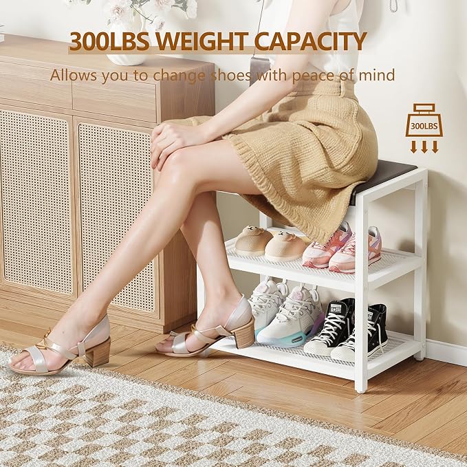 Small Shoe Bench Shoe Rack Storage Bench Entryway Bench Shoe Shelf with Seat Cushion, Stable Shoe Organizer for Entryway, Living Room, Bench Seat Holds Up to 300 lb, (18"L x 12"W x 17"H, White)