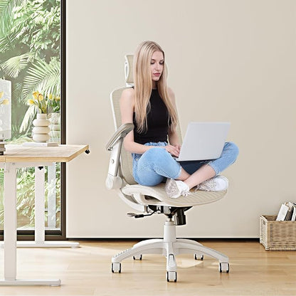 GABRYLLY Ergonomic Office Chair, High Back Home Desk Chair with Headrest, Flip-Up Arms, 90-120° Tilt Lock and Wide Cushion, 300LBS Mesh Chairs for Man Woman, White Task Chair(Beige,GY01WBG)