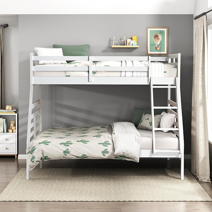 Lexicon Bunk Bed Twin Over Full, Wooden Bed Frame with Sturdy Ladder and Safety Guard Rails, Modern Space-Saving Design, for Bedroom/Guest Room, No Box Spring Needed, White